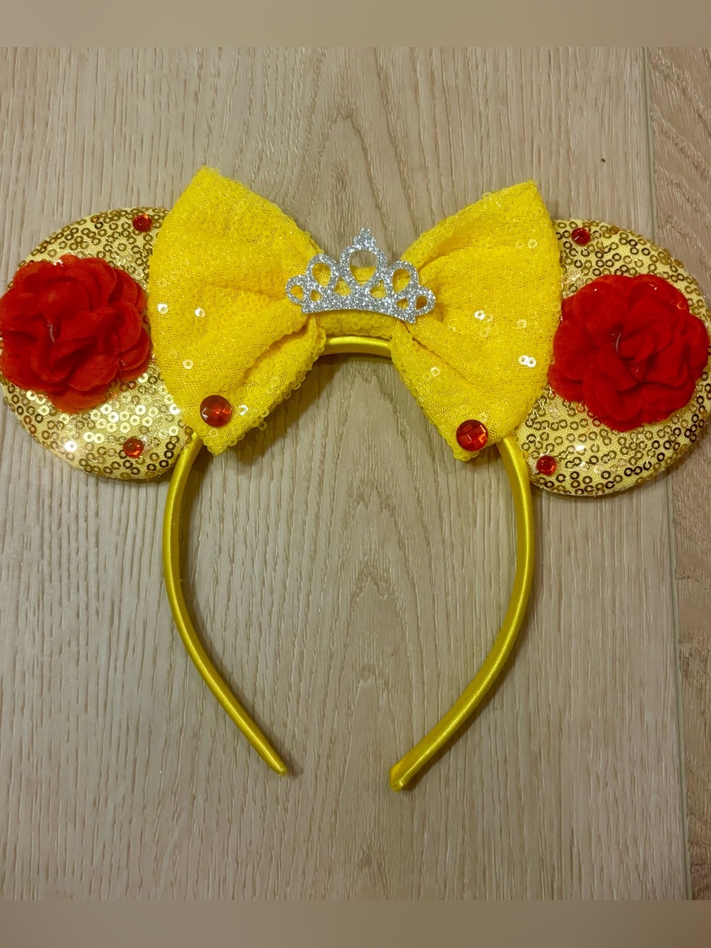 Belle Beauty & the Beast Mouse Ears Headband Sequin Yellow Red Rose Bow